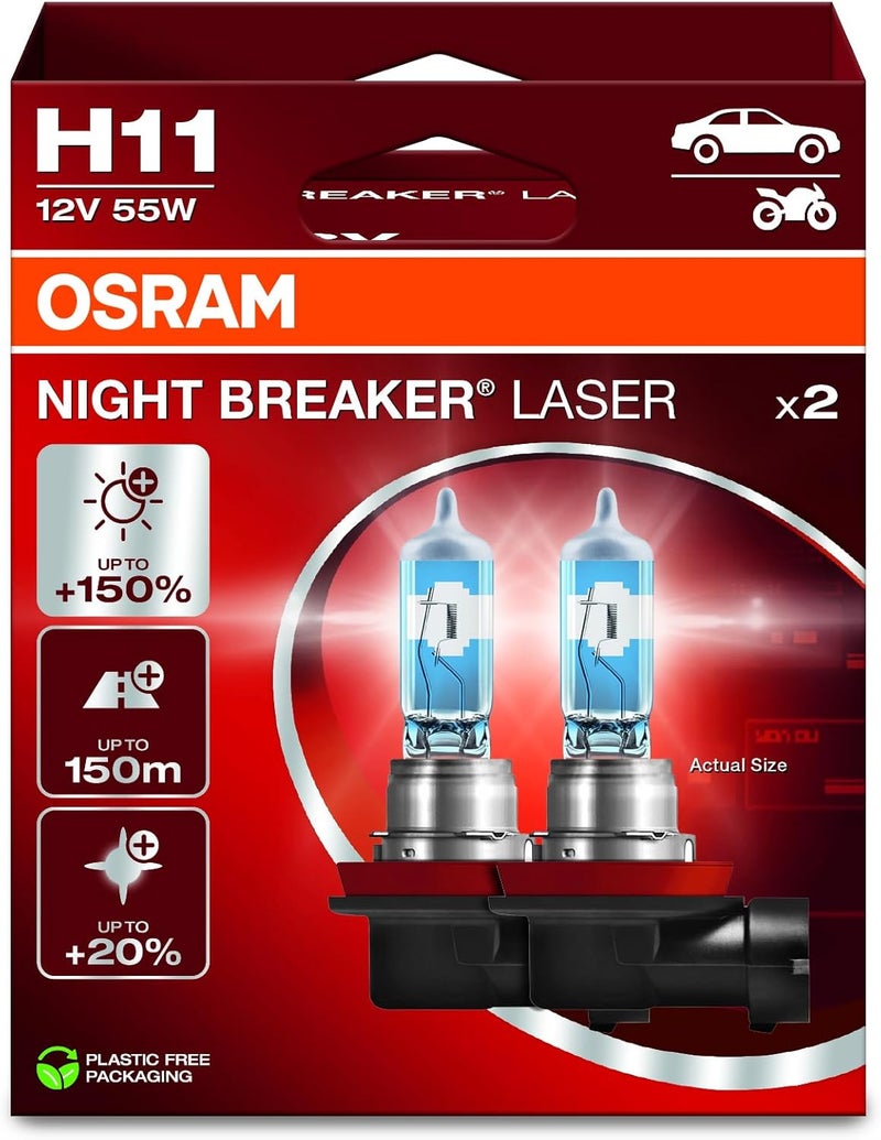 OSRAM NIGHT BREAKER LASER H11, +150% Brighter Halogen Headlight Lamp, 64211NL-2HB, 12V, Hanging Folding Box (2 Lamps) - Image 1